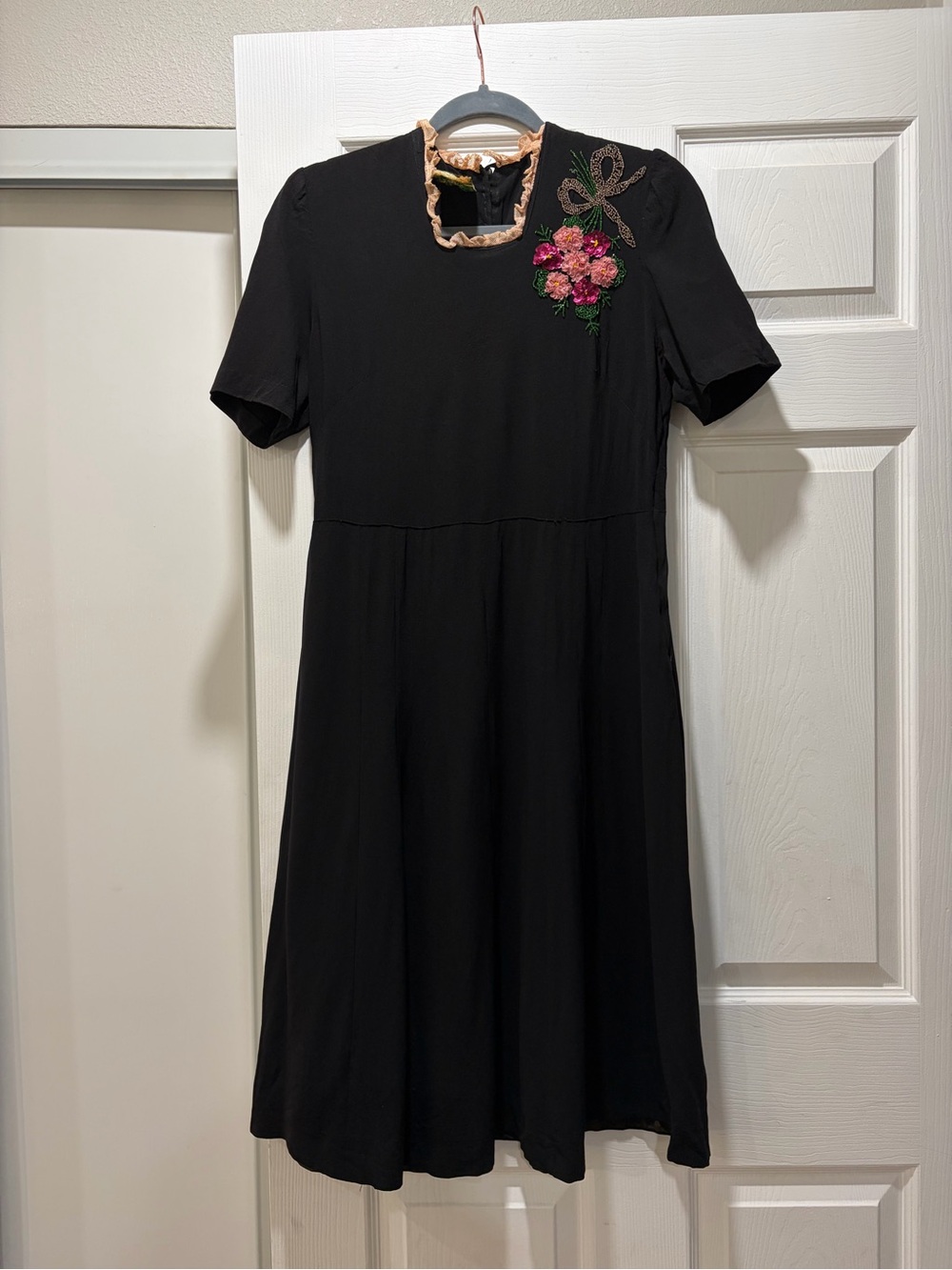 Apex Black Midi Dress with Pink Floral Appliqué